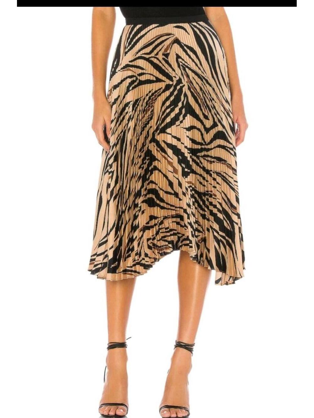 Bailey 44 Logan Metallic Tiger Pleated Midi Skirt Black Gold Size M